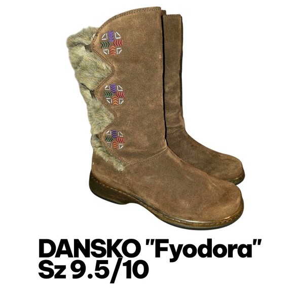 DANSKO FYODORA Sz 9.5/10 Brown Suede Aztec Embroiderd Faux Fur Pull-On Mid Boots - Picture 1 of 15